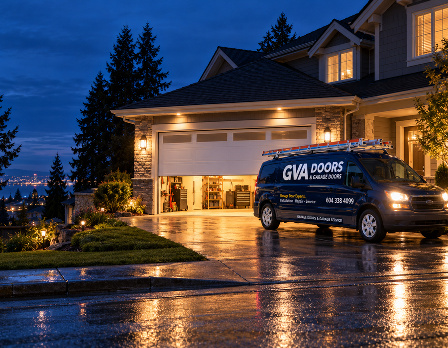 Emergency garage door repair at night in Burnaby