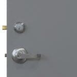 Commercial door with dead-bolt and commercial lever handle