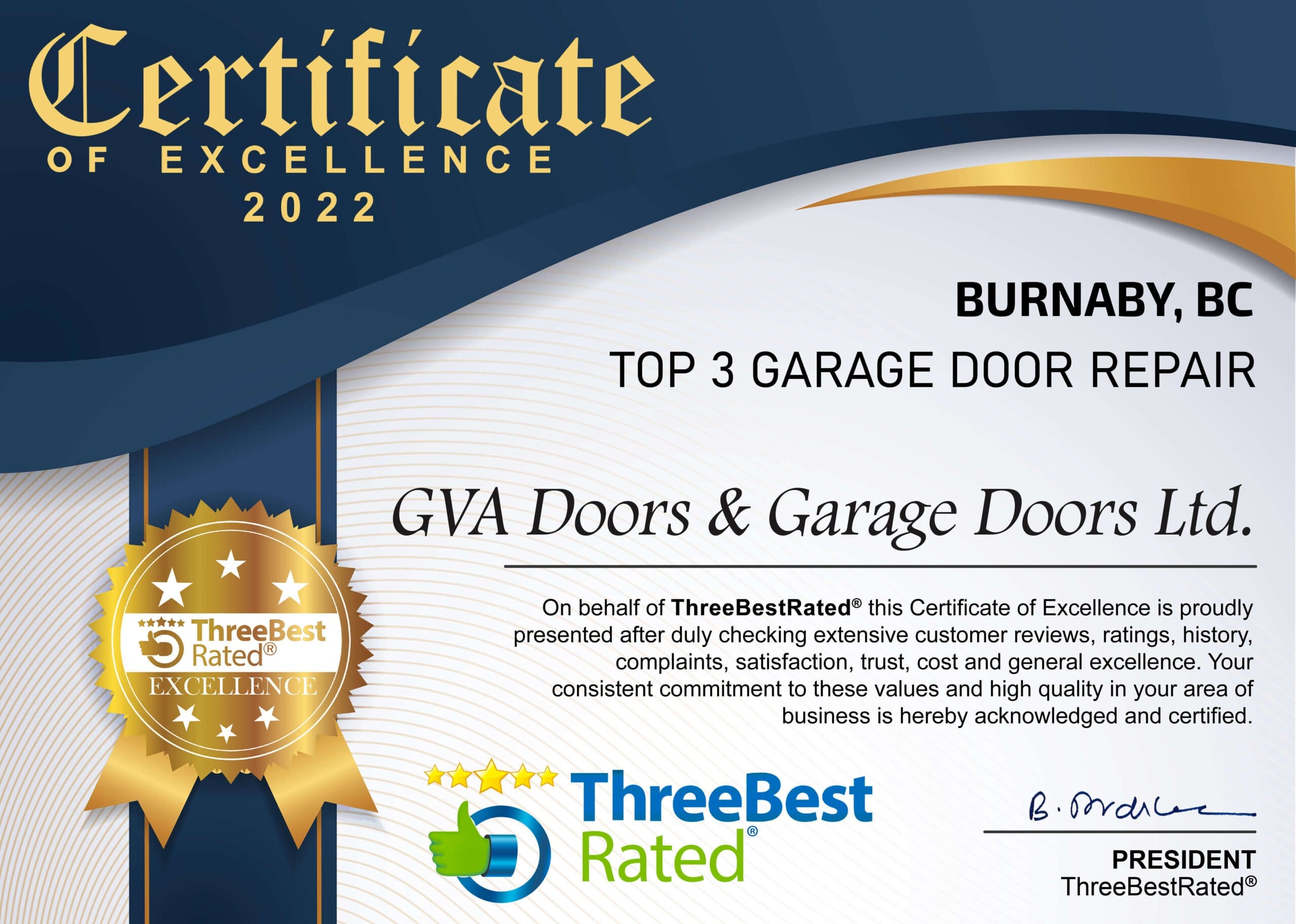 Best garage door company in Burnaby certificate
