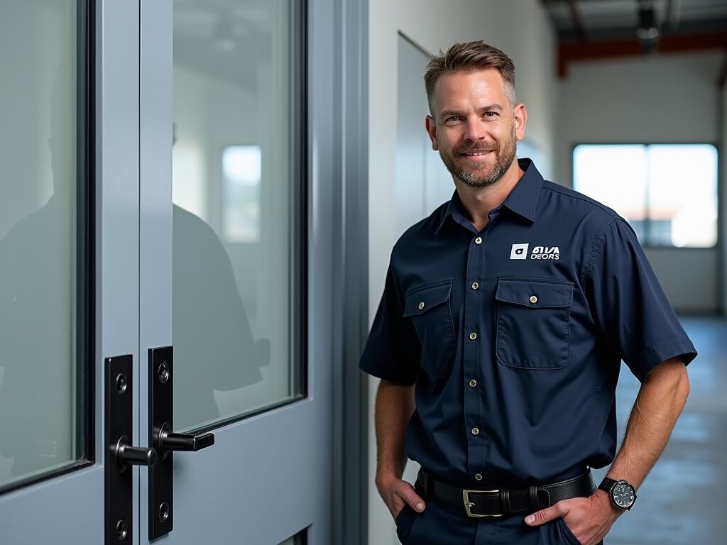 Technician Repairing Commercial Door Panic Bar