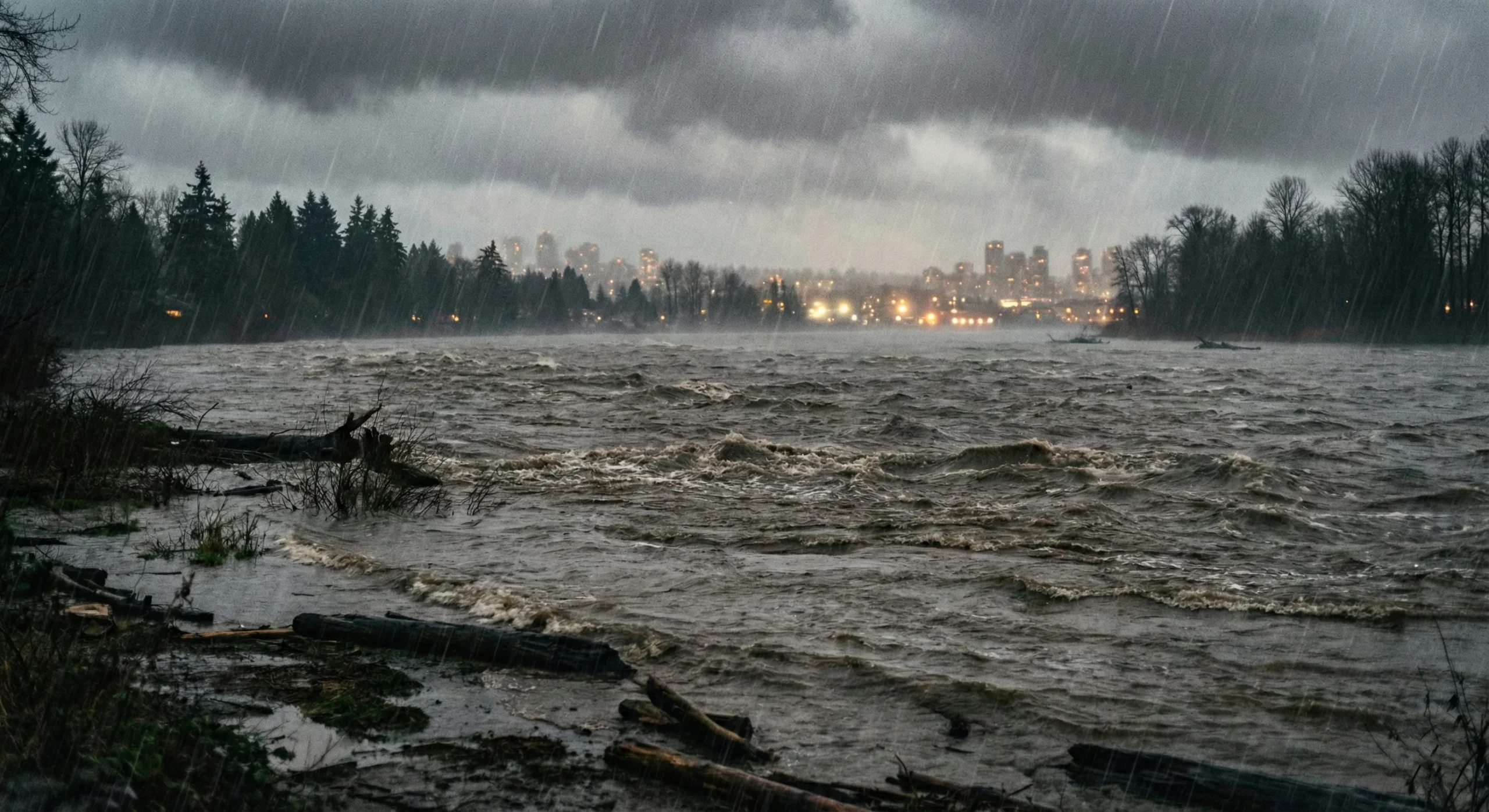 Fraser River during atmospheric river storm with high water levels threatening Surrey neighbourhoods