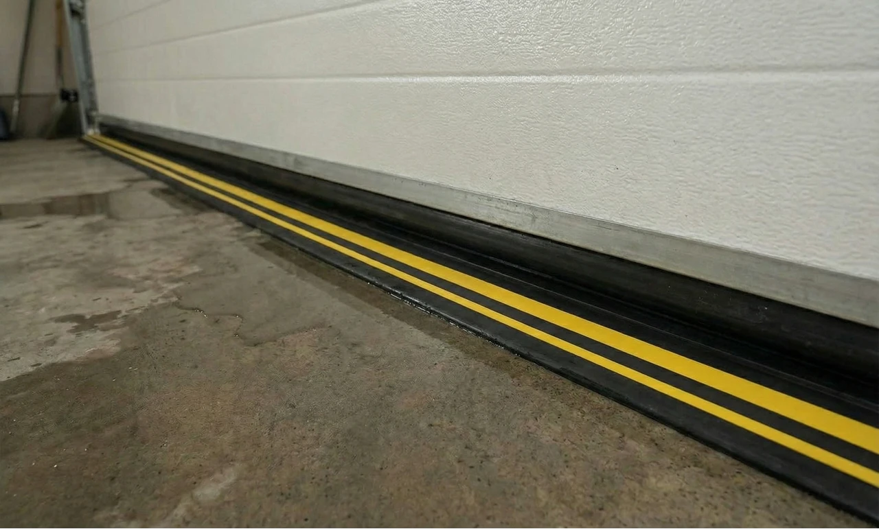 Yellow and black garage door threshold seal strip installed at base of door