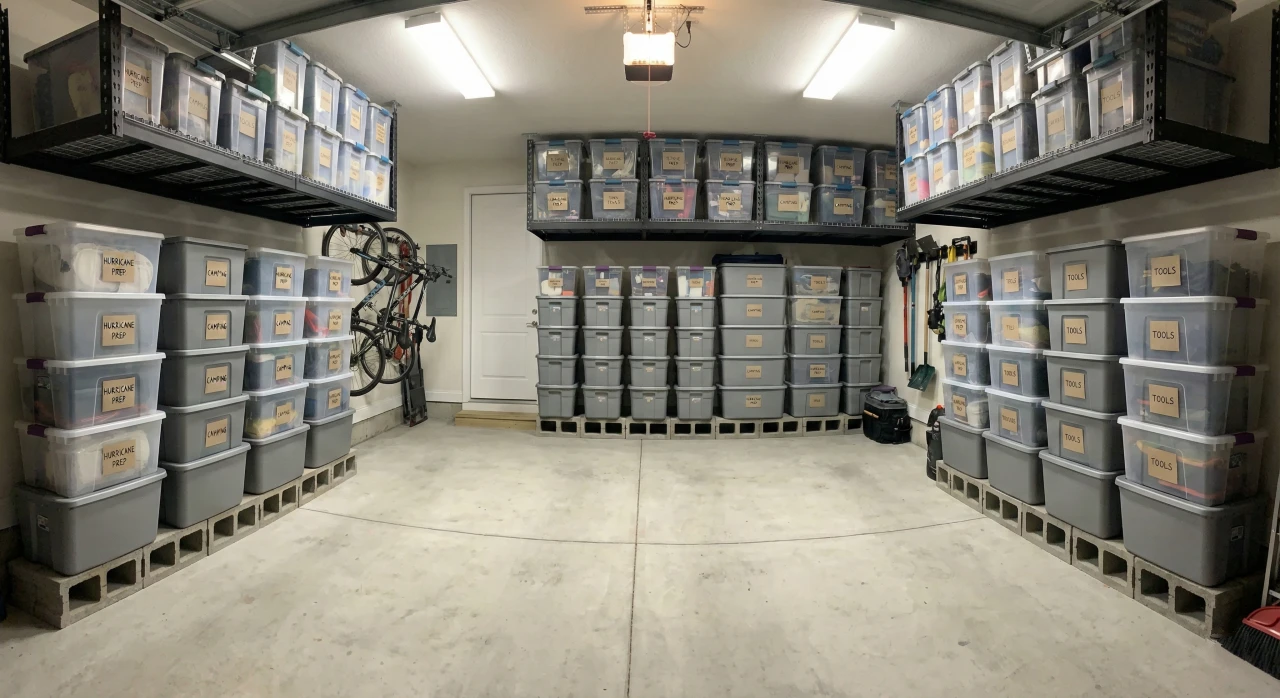 Well-organized garage with plastic storage containers elevated on concrete blocks and overhead shelving