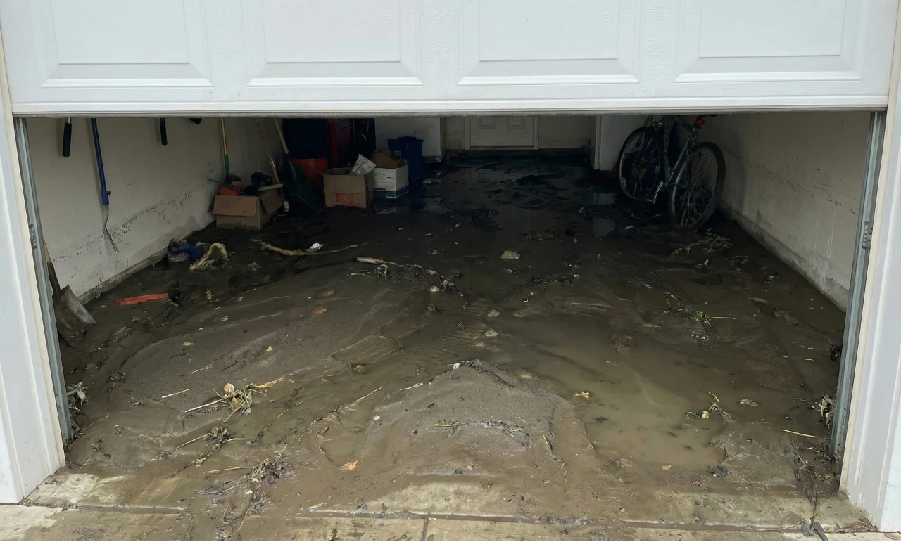 Garage interior covered in mud and debris after Fraser River flooding