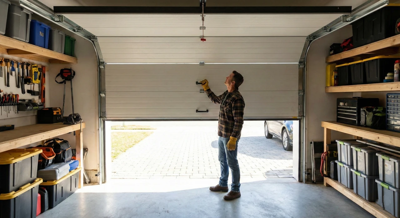 Homeowner performing manual garage door balance test at halfway point