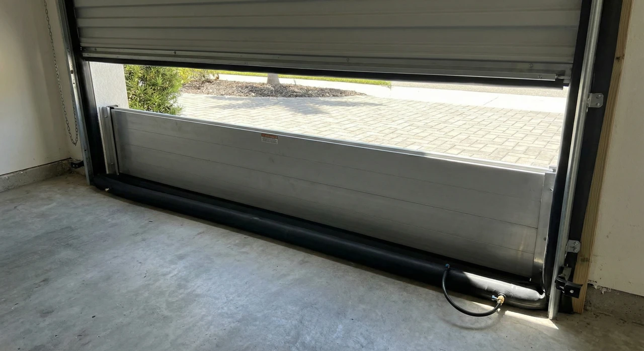 Aluminum flood barrier gate installed in garage door opening