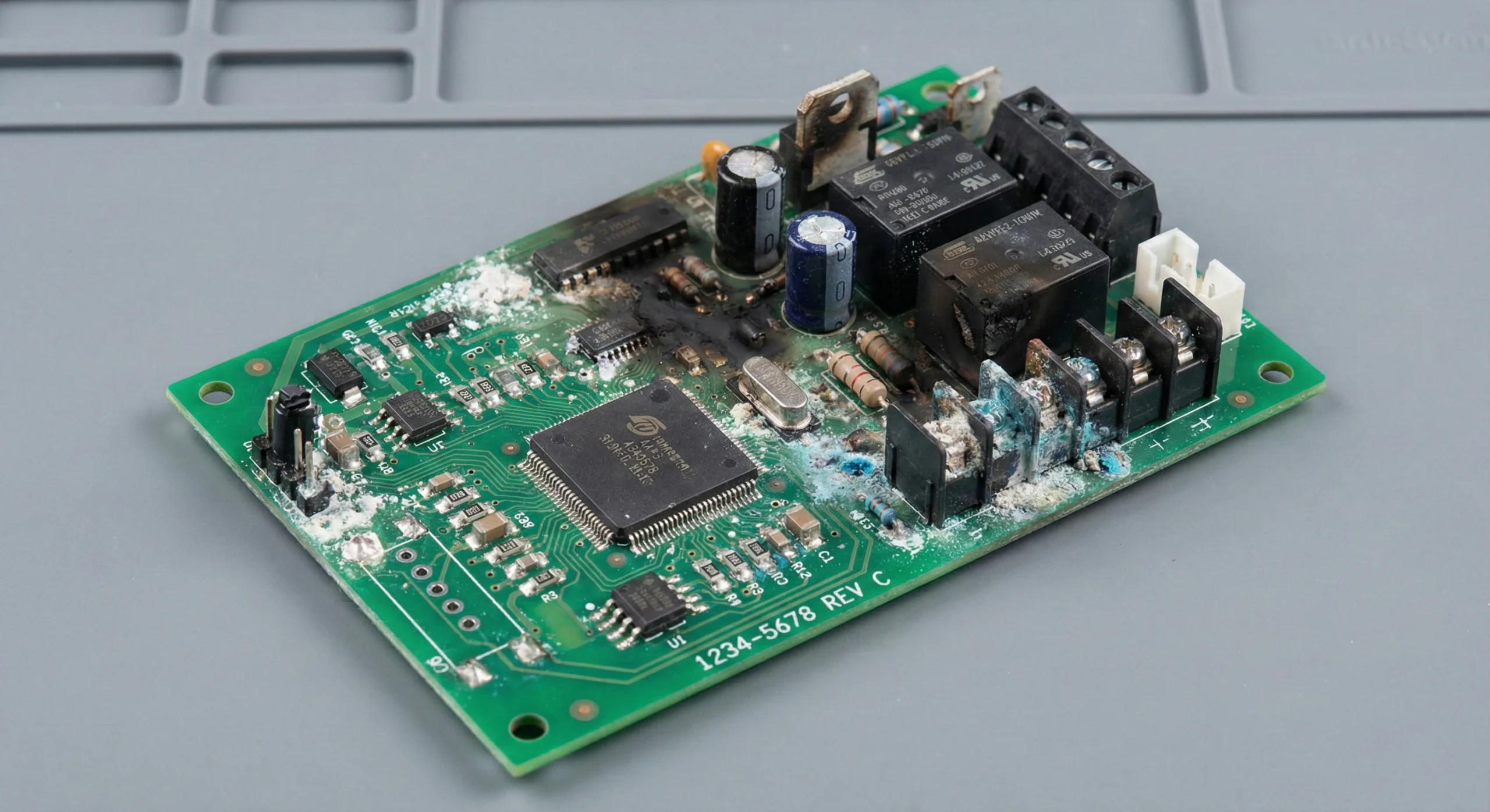 Garage door opener logic board with scorching and white corrosion from flood water damage