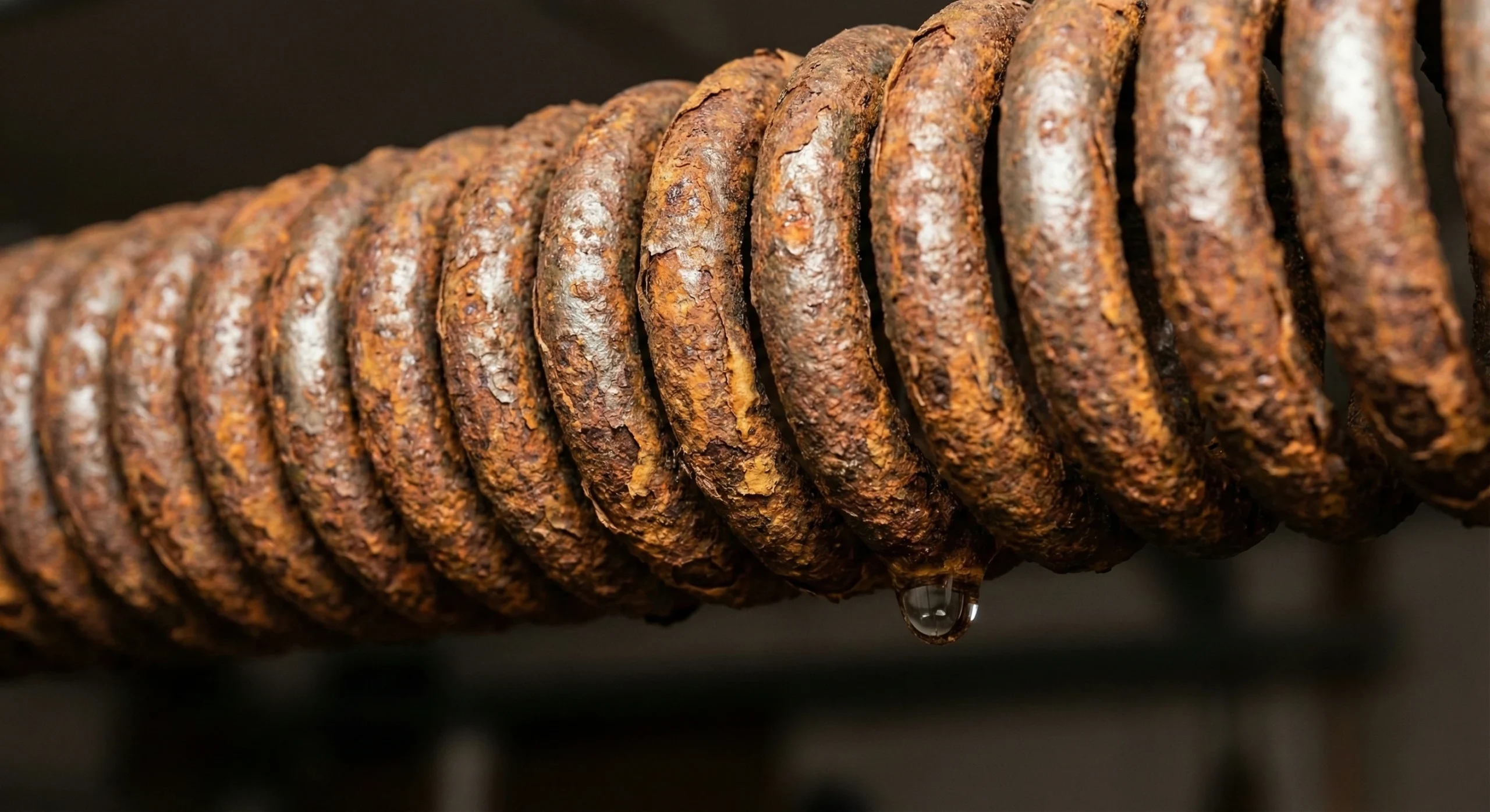 Heavily corroded garage door torsion spring with rust and water droplet