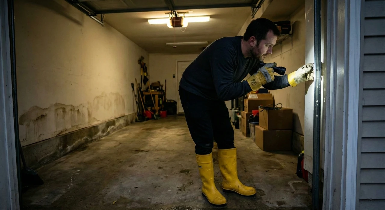 Technician inspecting garage door tracks with flashlight after flood damage