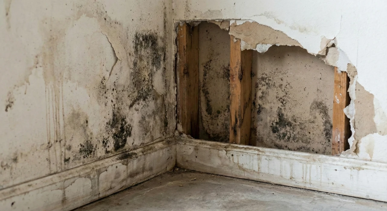 Mold growth on garage drywall and wooden studs after flood water damage