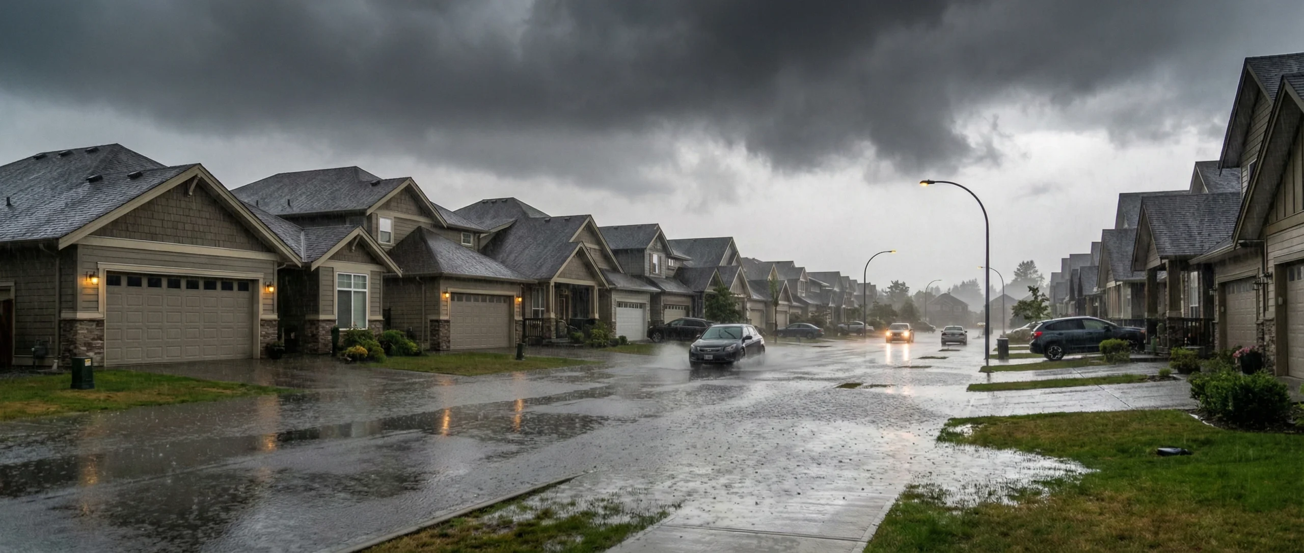Heavy rain falling on a suburban street in Surrey, BC